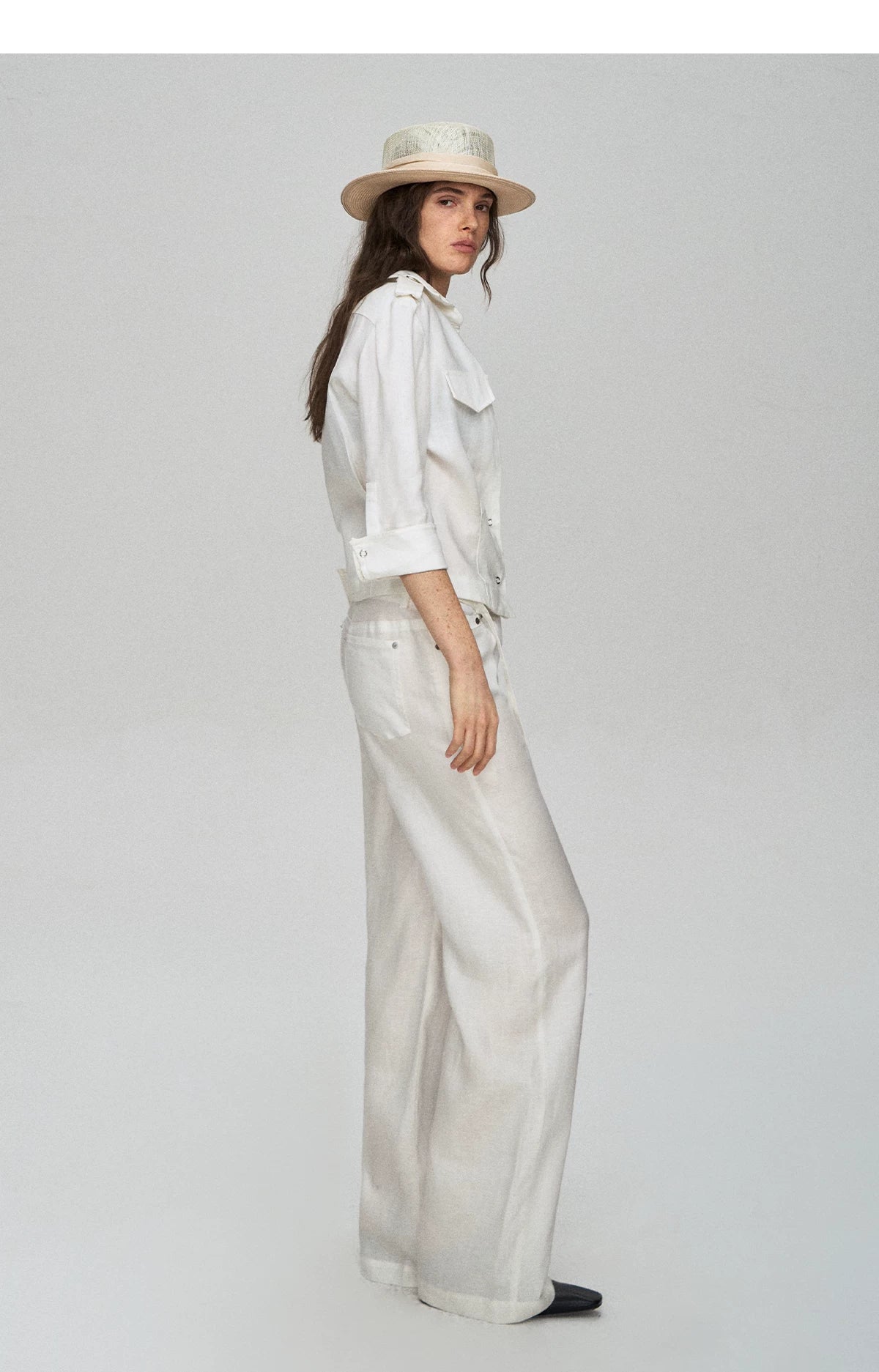 Tencel Linen Cool-Feel Mid-Sleeve Shirt &amp; High-Waist Wide-Leg