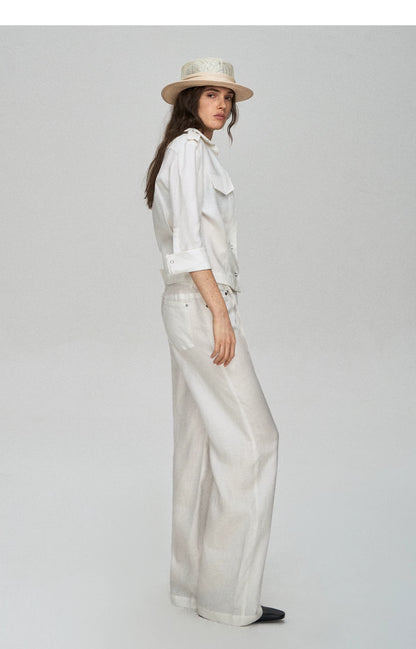 Tencel Linen Cool-Feel Mid-Sleeve Shirt &amp; High-Waist Wide-Leg