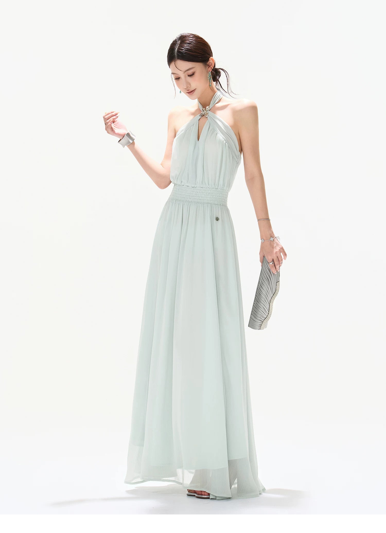 Misty Blue Halter Neck Chiffon Long Dress