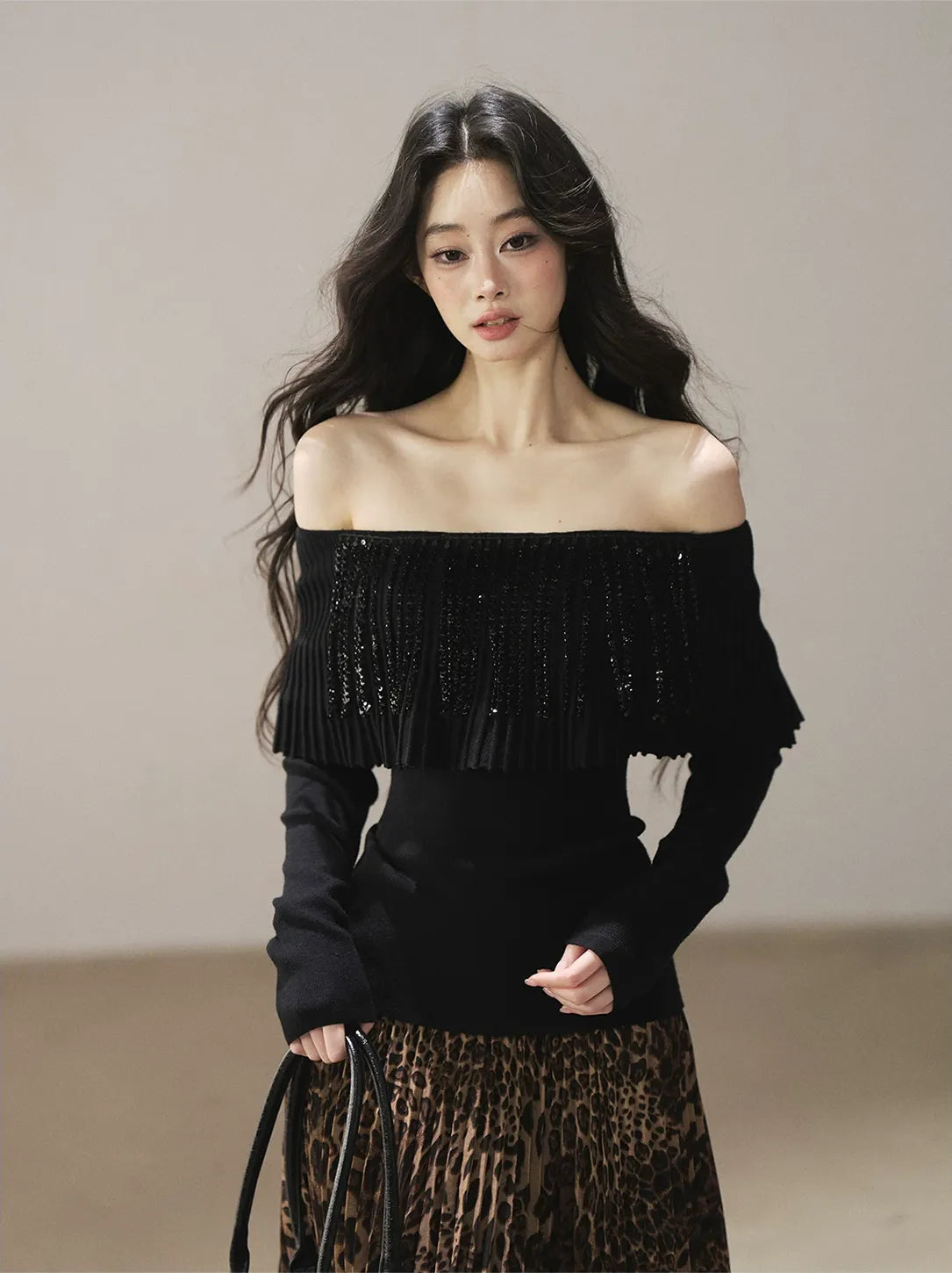 Pleated One-Shoulder Long-Sleeve Top