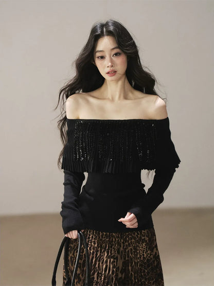 Pleated One-Shoulder Long-Sleeve Top