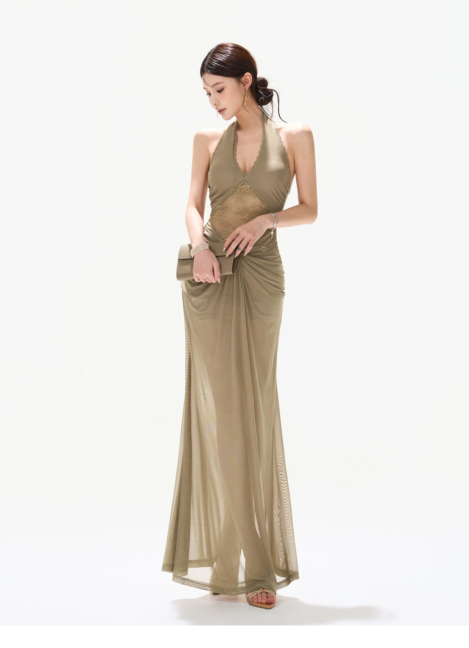Deep V Halter Neck Lace Mesh Backless Long