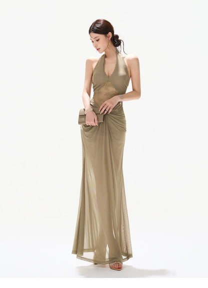 Deep V Halter Neck Lace Mesh Backless Long