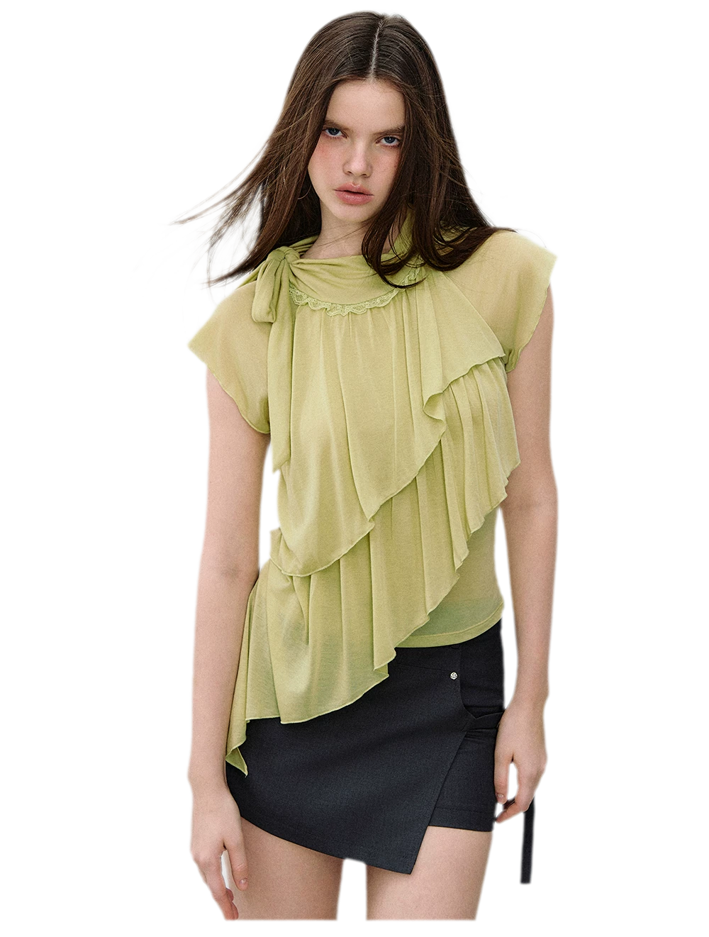 Ruffle Tie-Neck Tencel Short Sleeve Top