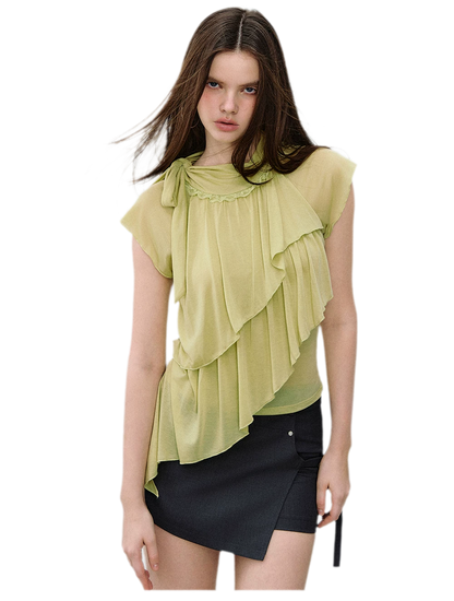 Ruffle Tie-Neck Tencel Short Sleeve Top