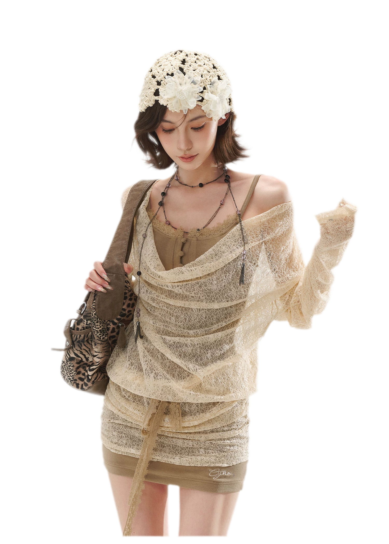Draped Lace Faux-Two-Piece Dress