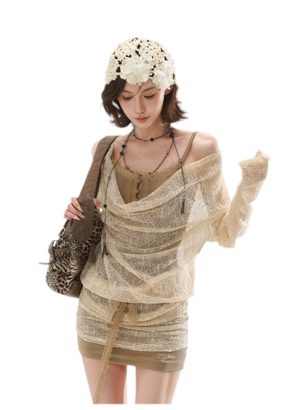 Draped Lace Faux-Two-Piece Dress