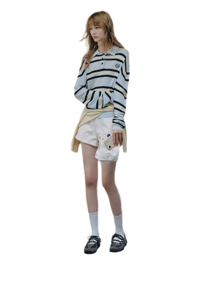 Washed Denim Striped Polo Set