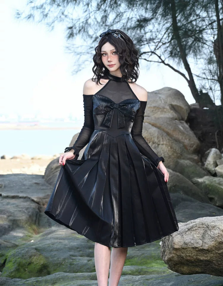 Glossy Halter Pleated Midi Dress