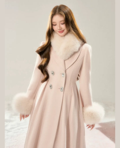 Double-Breasted Cinched Wool Blend Coat