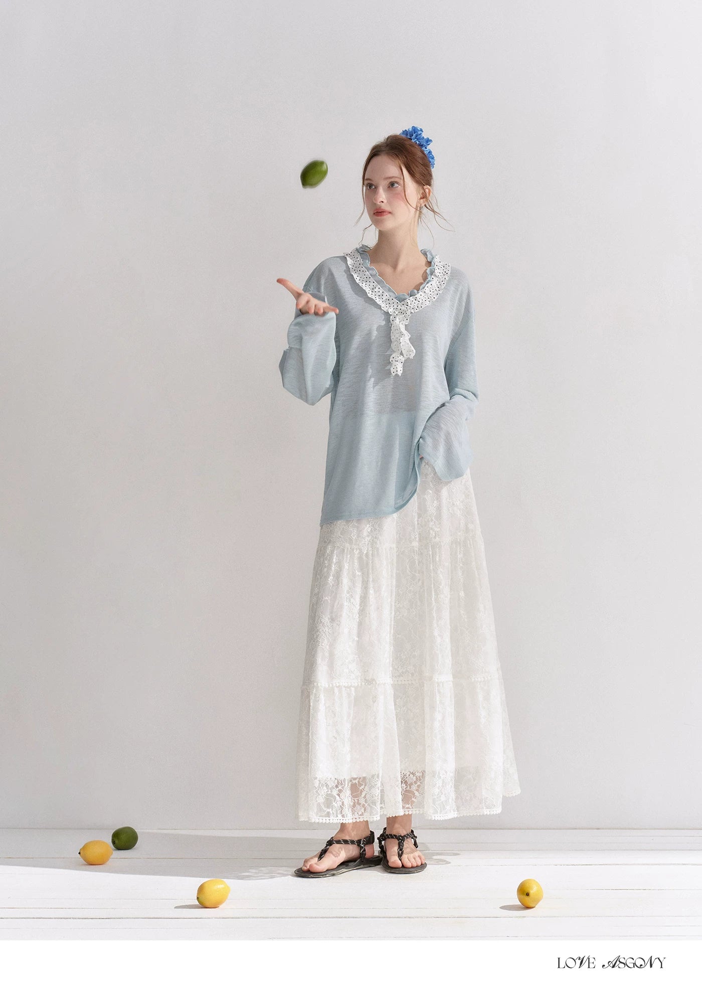 Lace Trim Elastic Waist A-line Long Skirt