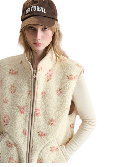 Floral Fleece Stand Collar Vest