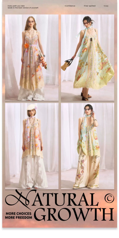 Peach Branch Print Metallic Chiffon Dress