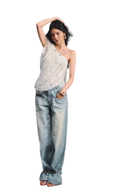 Lace Ruched Asymmetric Top