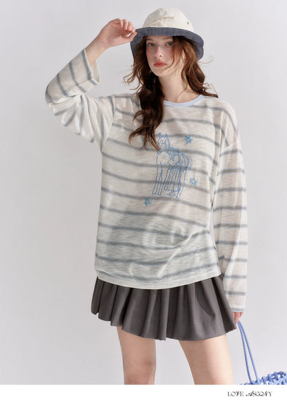 Embroidered Beaded Striped Loose T-shirt