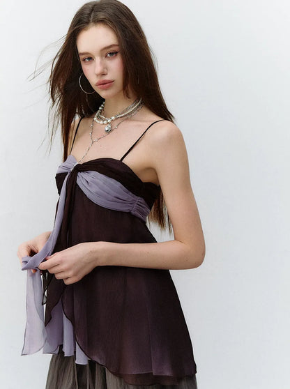 Color Catcher Irregular Contrast Pleated Chiffon Camisole