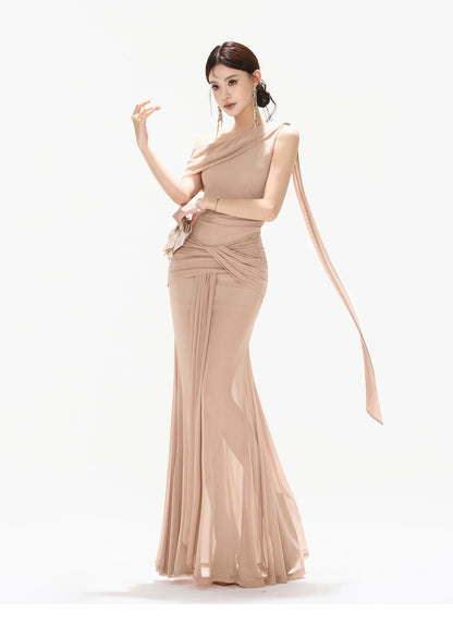 Asymmetric Off-Shoulder Mesh Long Dress