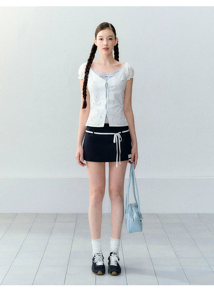 Korean Style Color-Block Tie Waist Shorts Skirt
