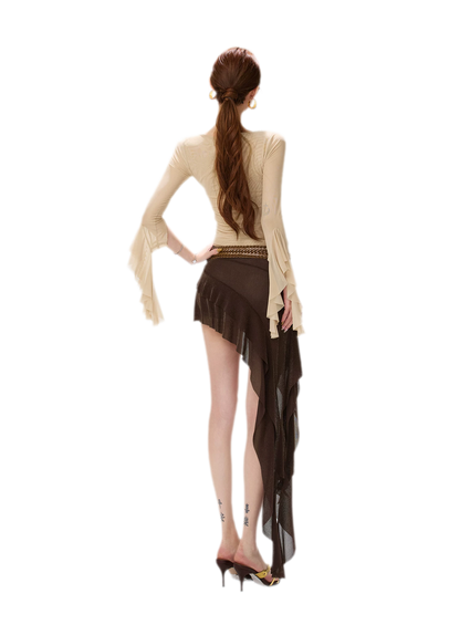 Ruched Mesh Boat-Neck Top
