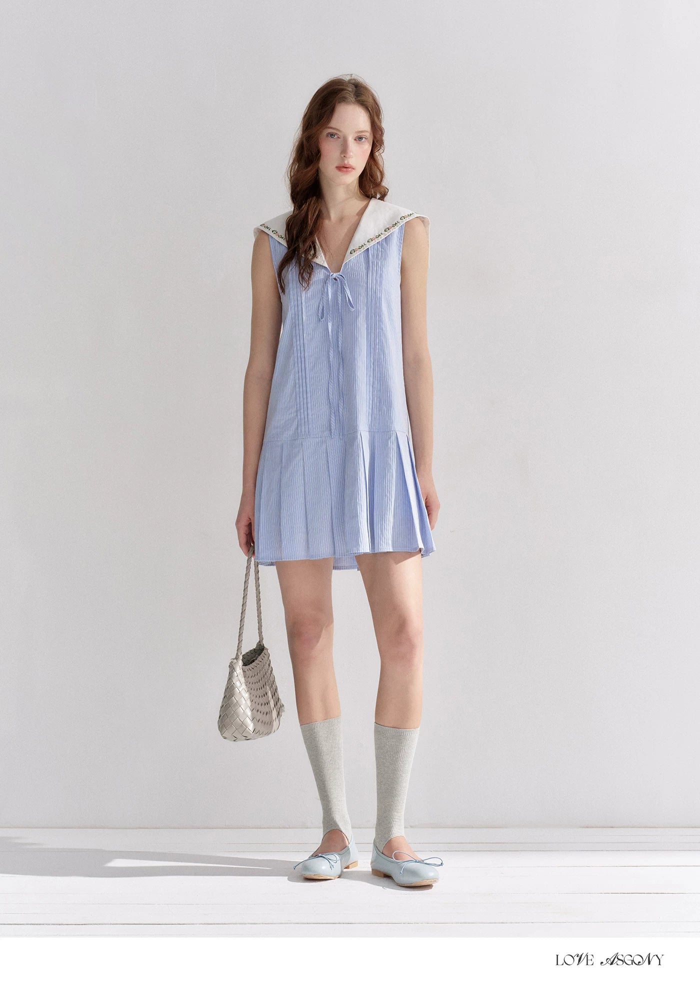 Embroidered Blue Striped Sailor Collar Pleated Dress