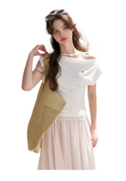 Lace Trim Asymmetric Short Sleeve T-Shirt
