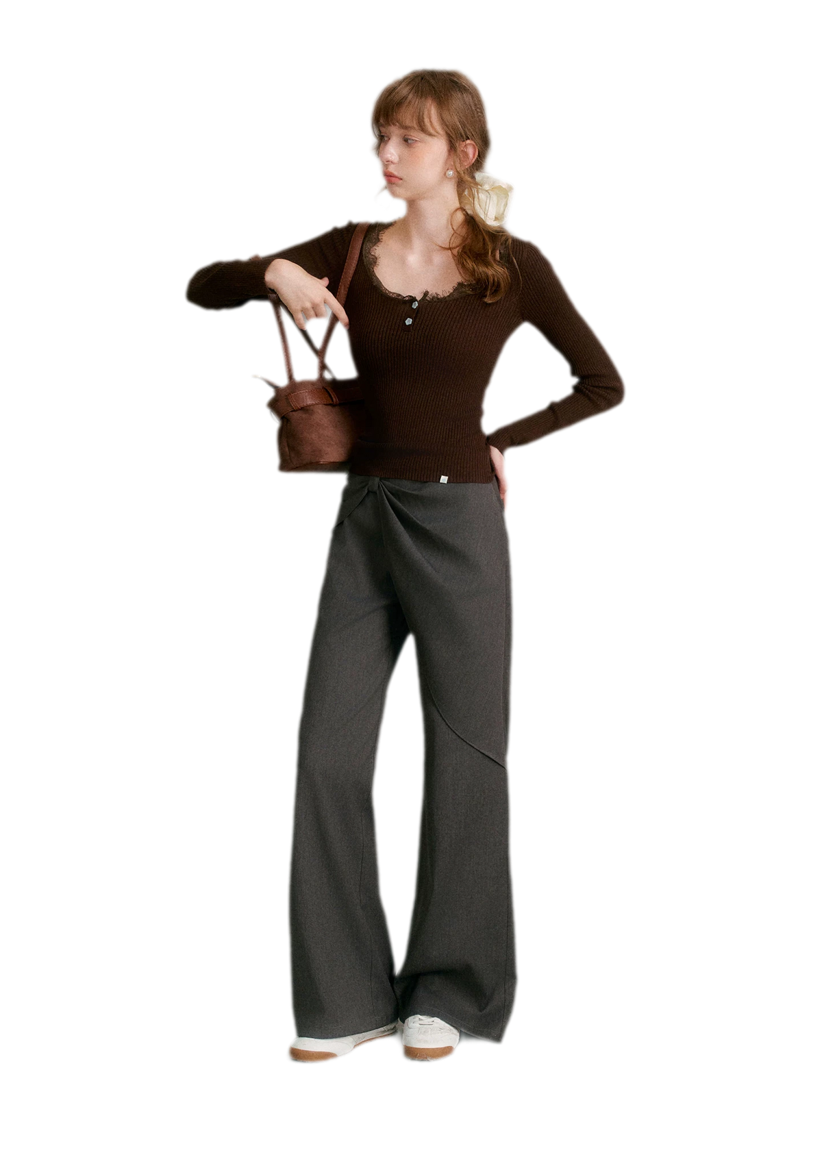 Misty Gray Bow Wide-Leg Pants
