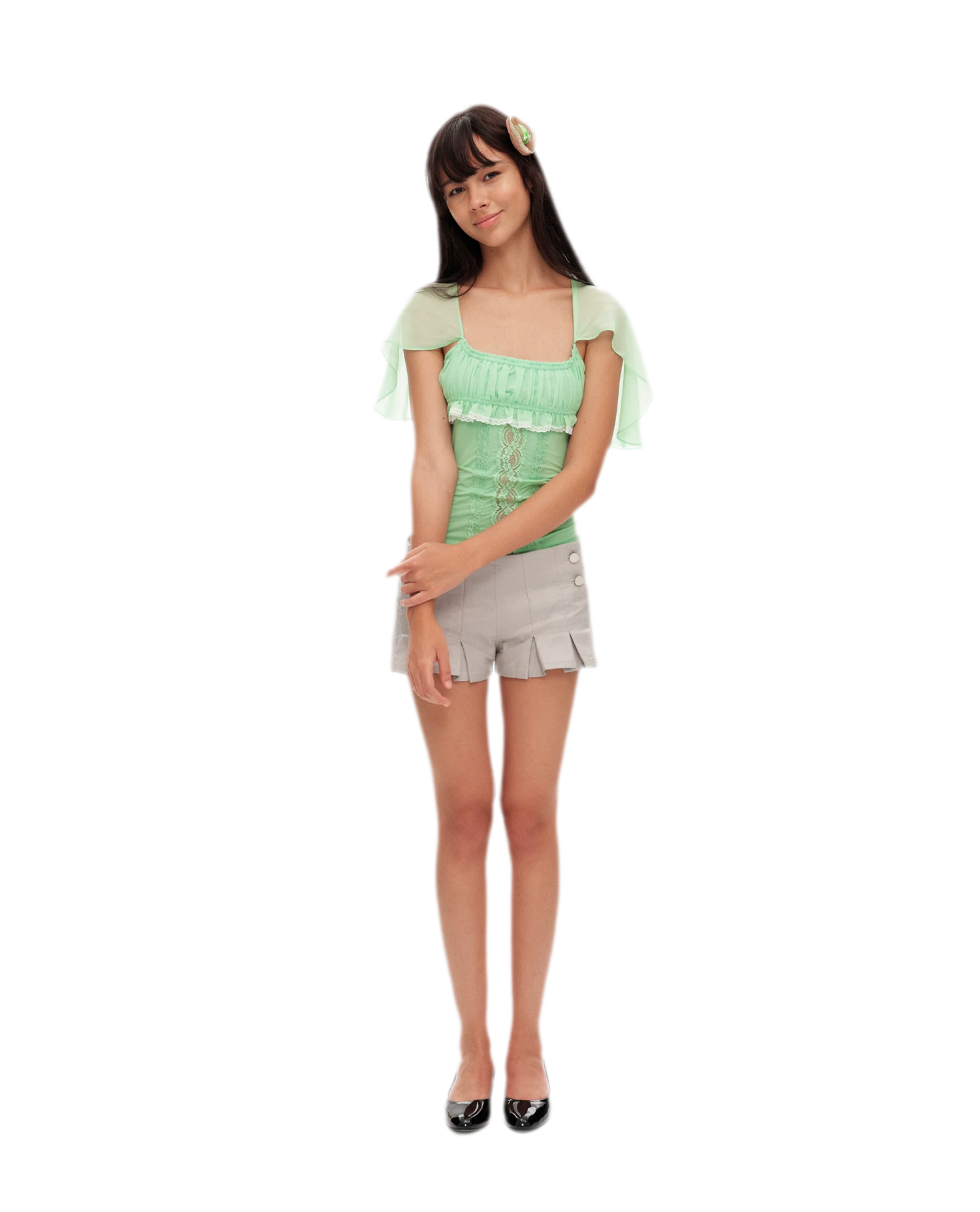 Pleated High-Waisted Double-Breasted Shorts