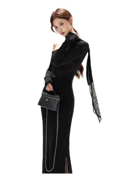 Schimmerndes asymmetrisches Spitzen-Strickkleid
