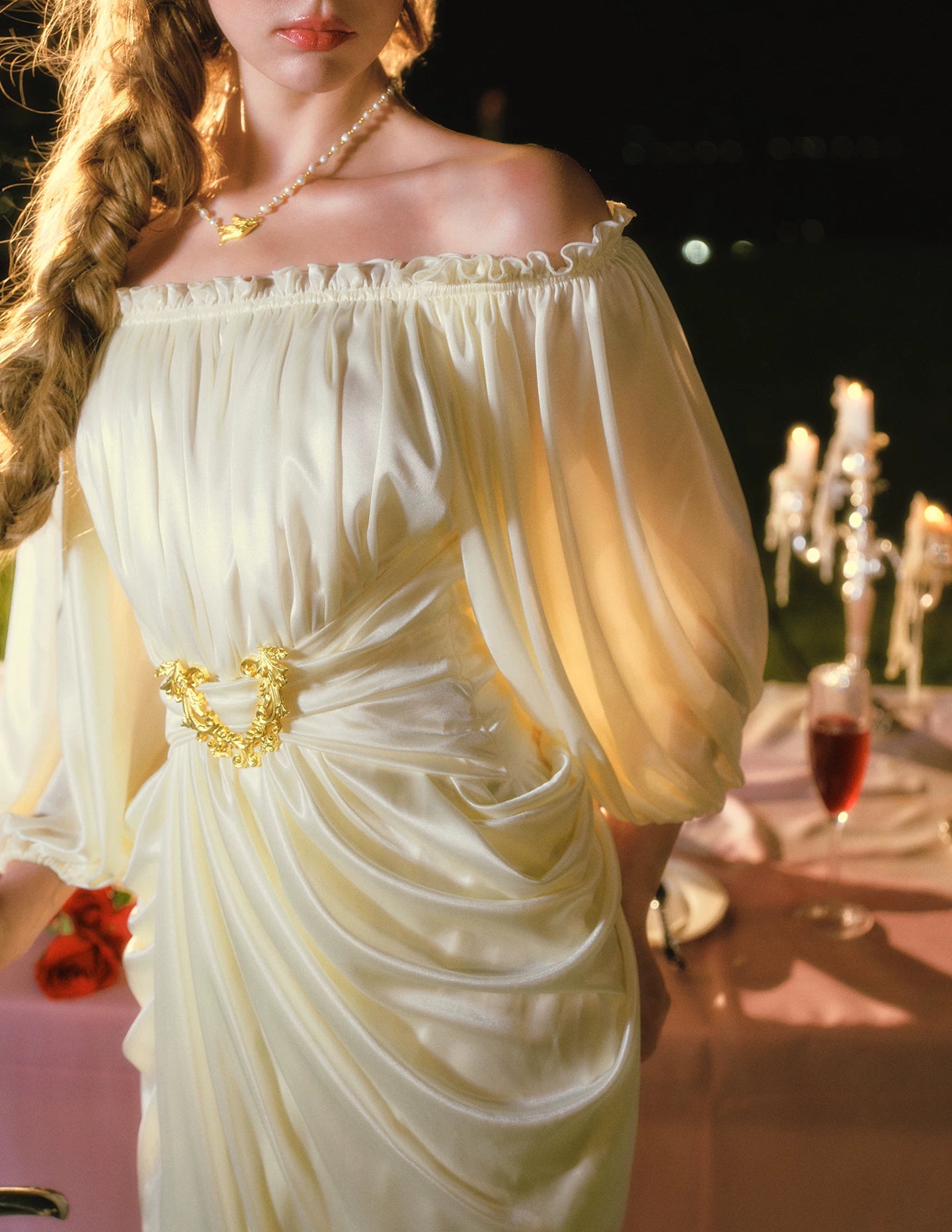Satin Off-Shoulder Maxi Dress