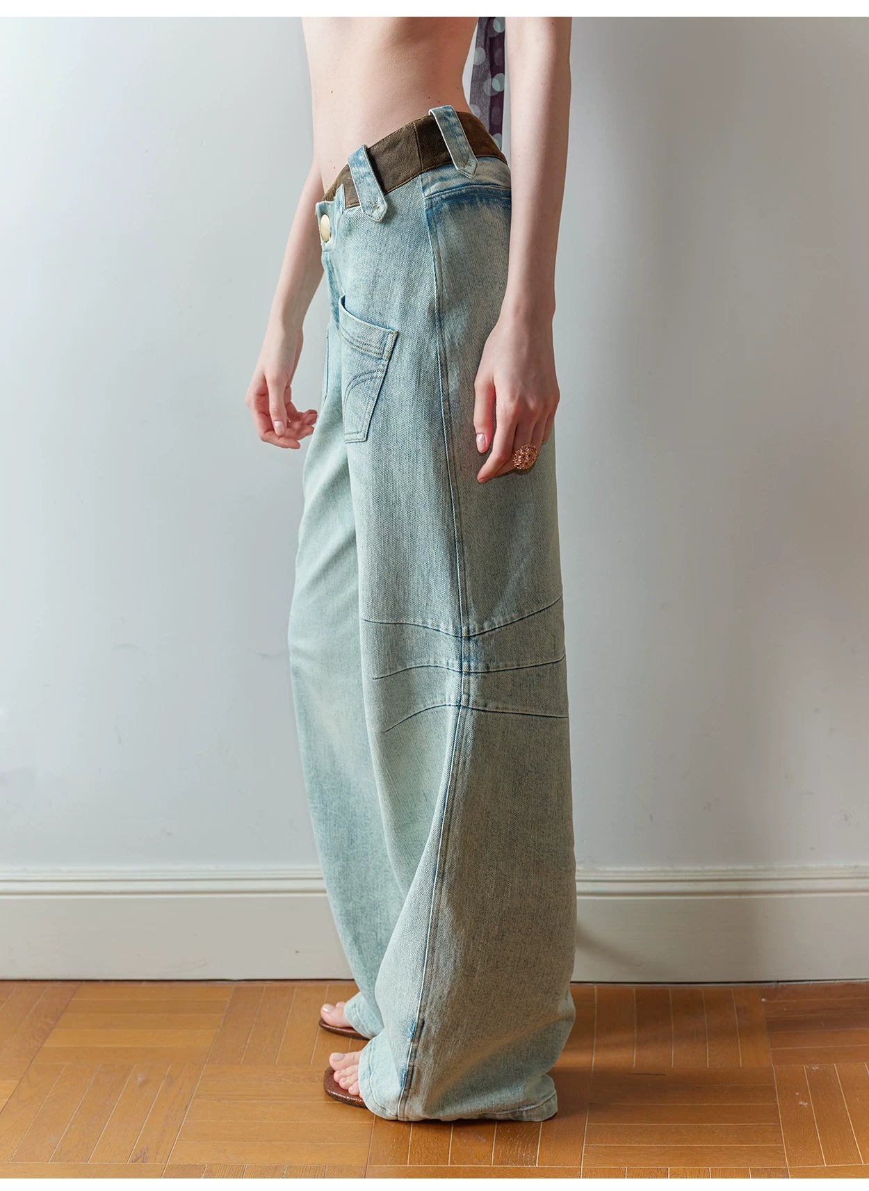 Vintage V-Waist Washed Blue Suede Patch Jeans