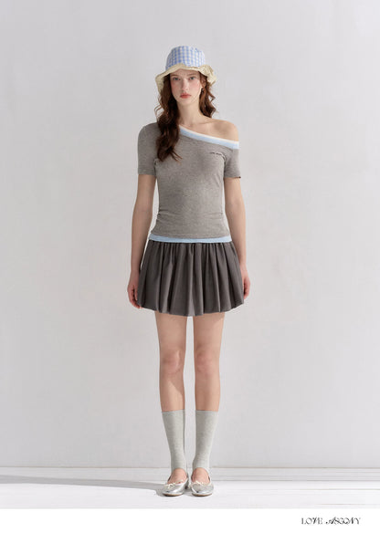 Asymmetric Off-Shoulder Colorblock Slim T-Shirt