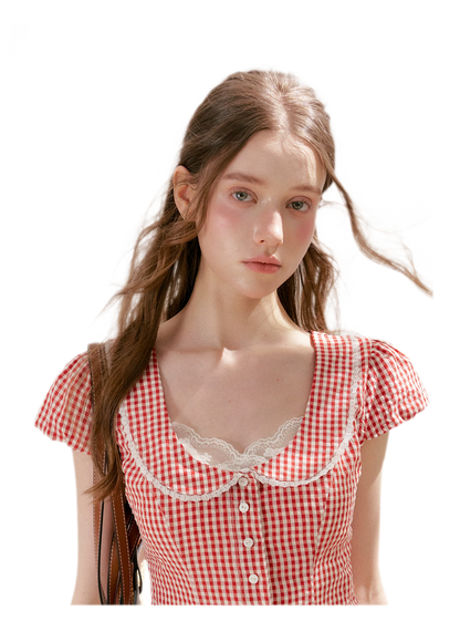 Tencel Cotton Lace Vintage Plaid Short Sleeve Dress