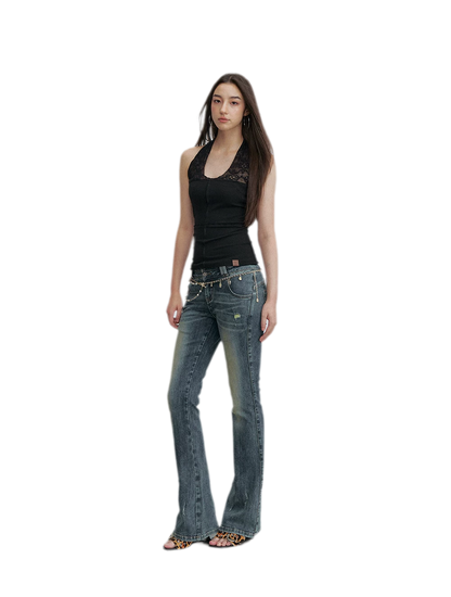 Washed Whisker Flared Jeans