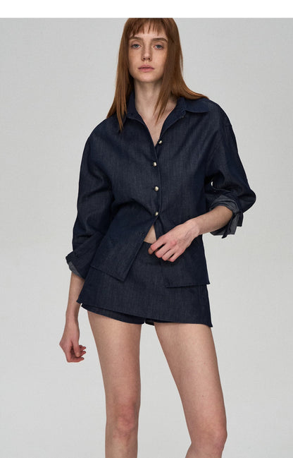 Tencel Linen Denim Shirt &amp; Low-Waist Skirt
