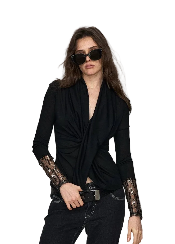 Embroidered Acetate Silk Cross-Knot Long Sleeve T-Shirt