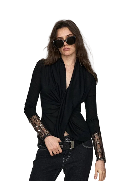 Embroidered Acetate Silk Cross-Knot Long Sleeve T-Shirt