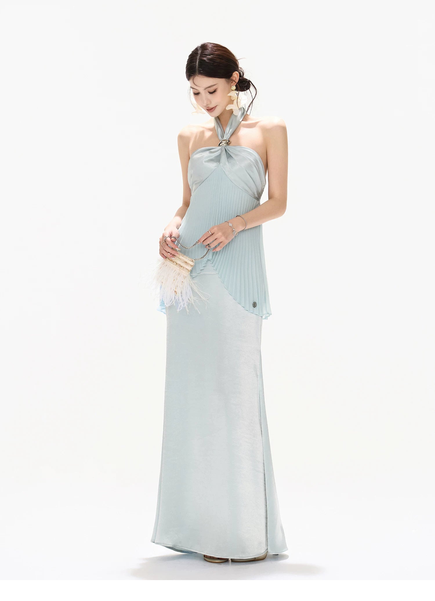 Misty Blue Pleated Halter Satin Long Dress
