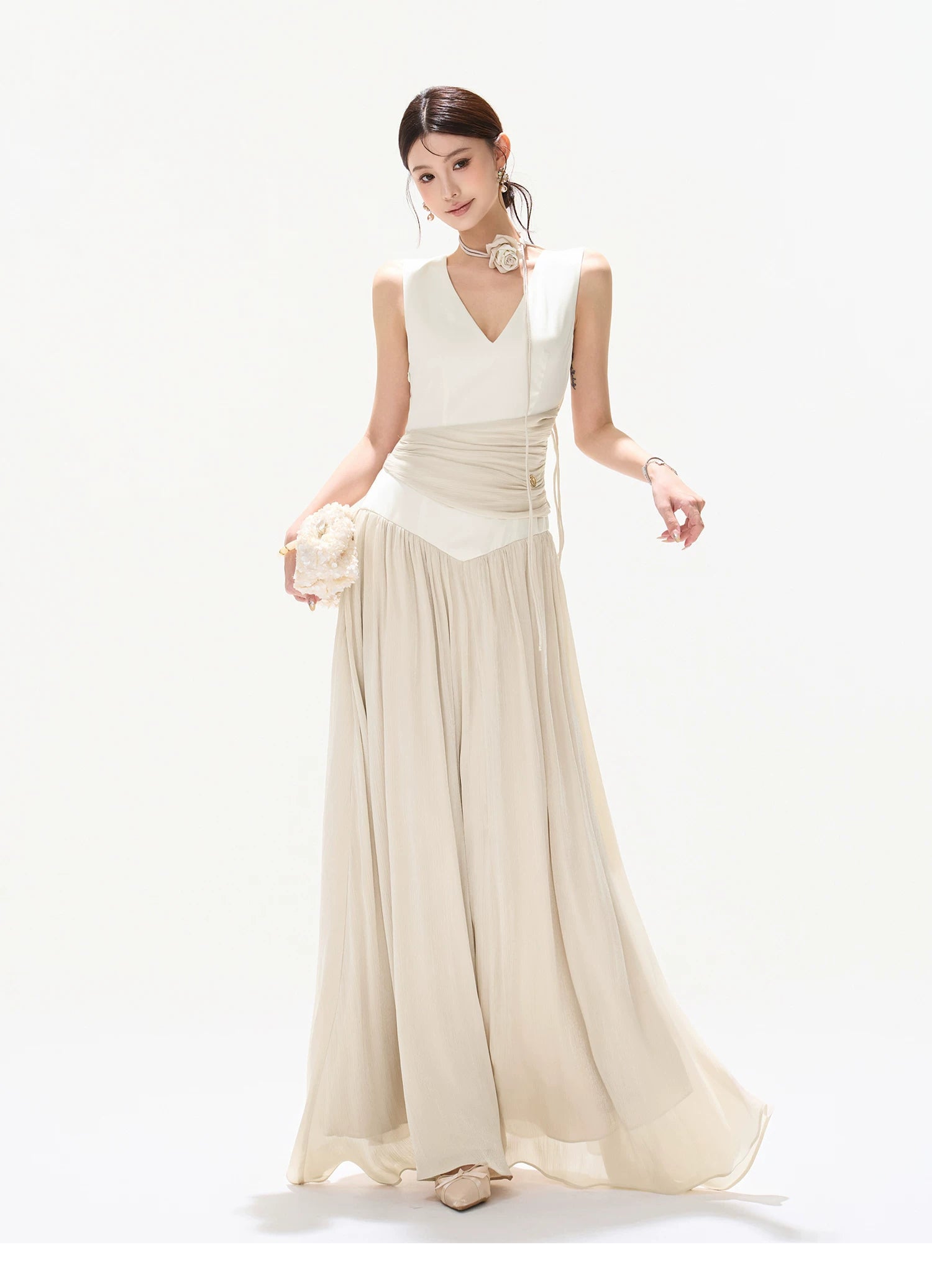 French Style Colorblock Pleated Satin V-Neck Dress