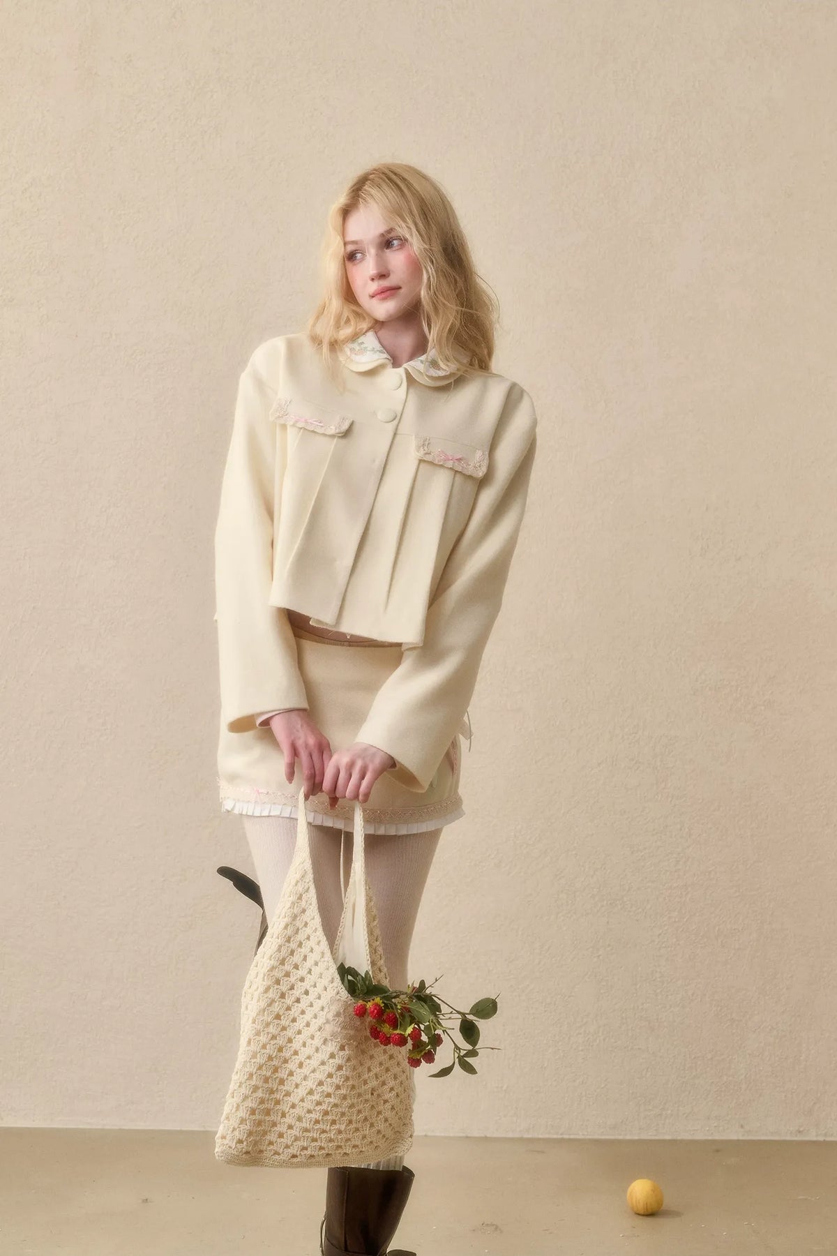Embroidered Boxy Jacket Skirt Set