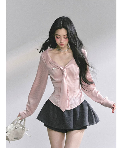Satin Striped Tie Shirt