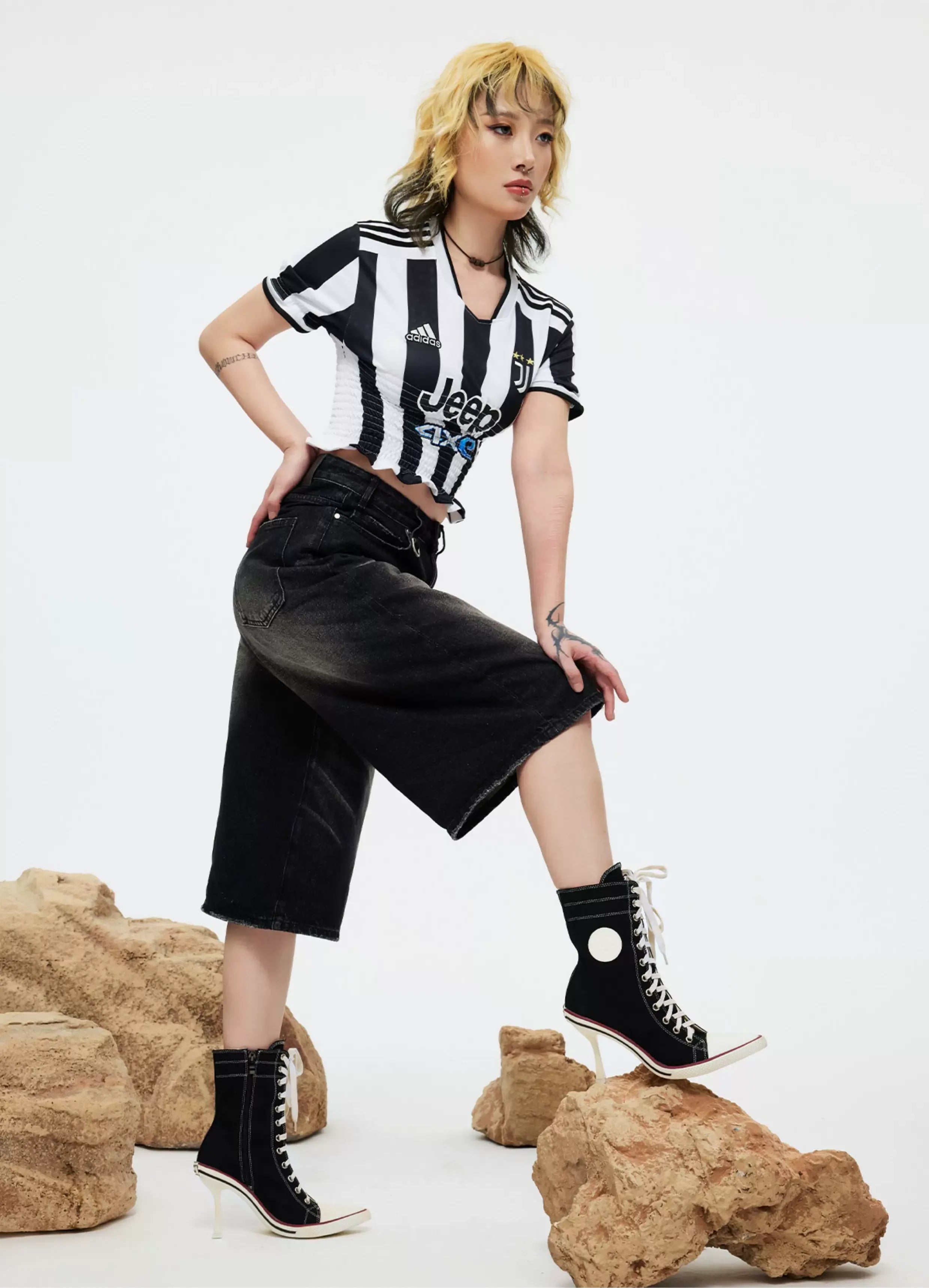 Canvas Lace-Up High-Heel Boots