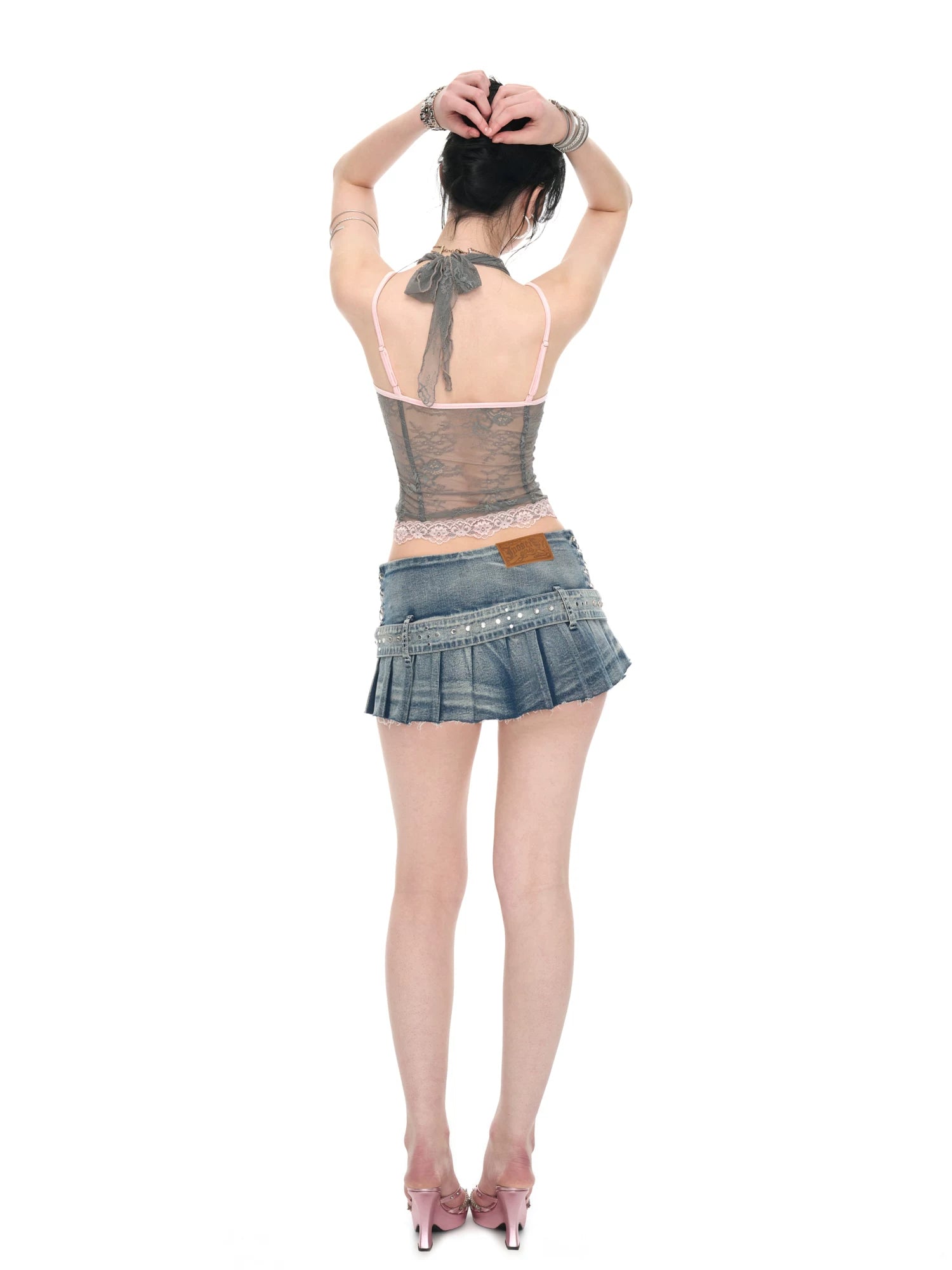 Gray Pink Lace Halter Neck Fitted Top