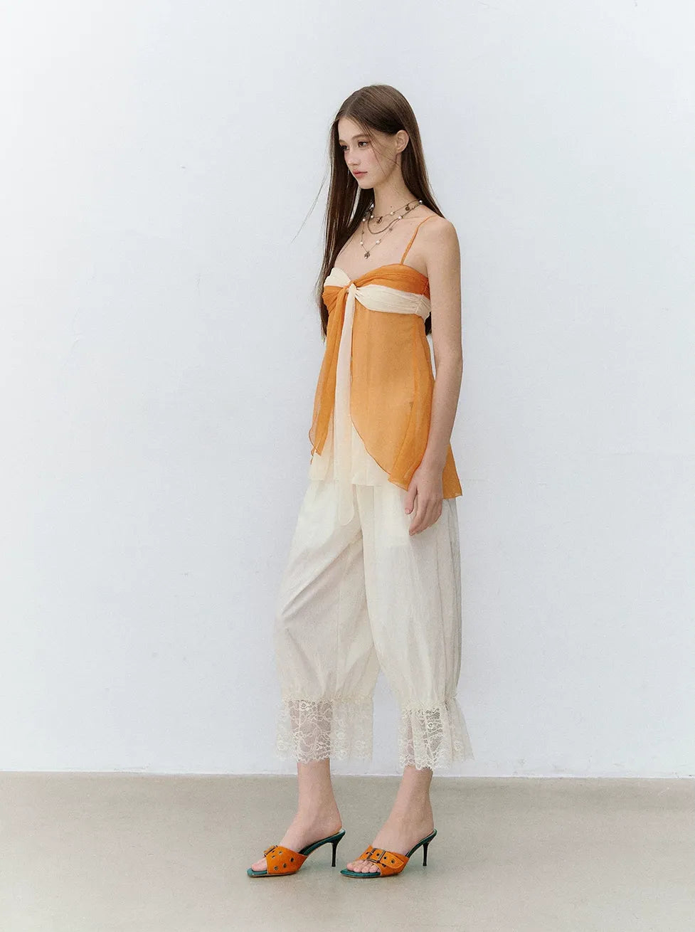 Relaxed Fit Tencel Lace Patchwork Wide Leg Pants
