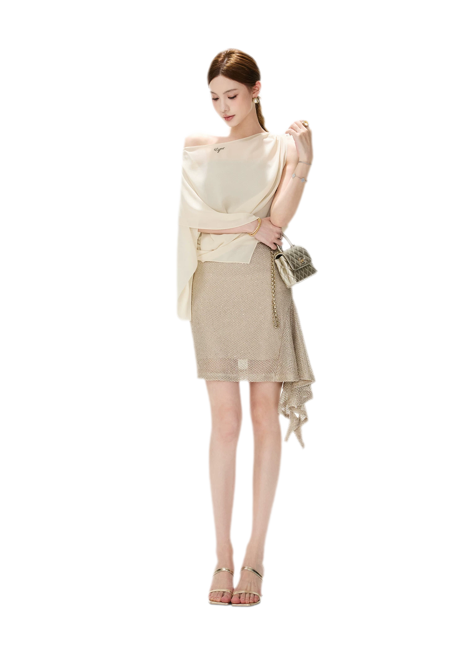 CYNR Sheer Drape Off-Shoulder Dress – view 11