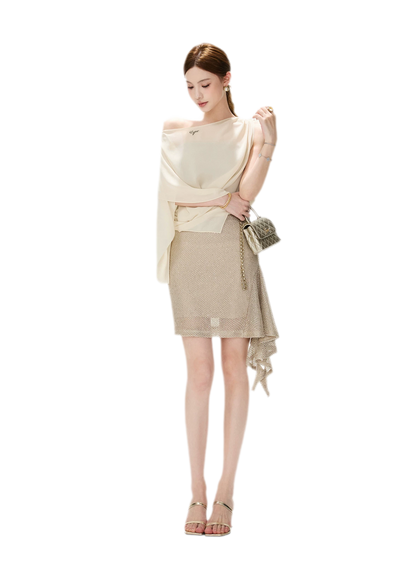 CYNR Sheer Drape Off-Shoulder Dress – view 11