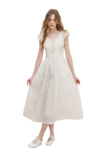 Embroidered Flutter Sleeve Dress