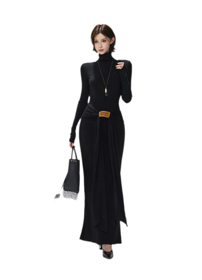 Turtleneck Ruched Waist Knit Dress
