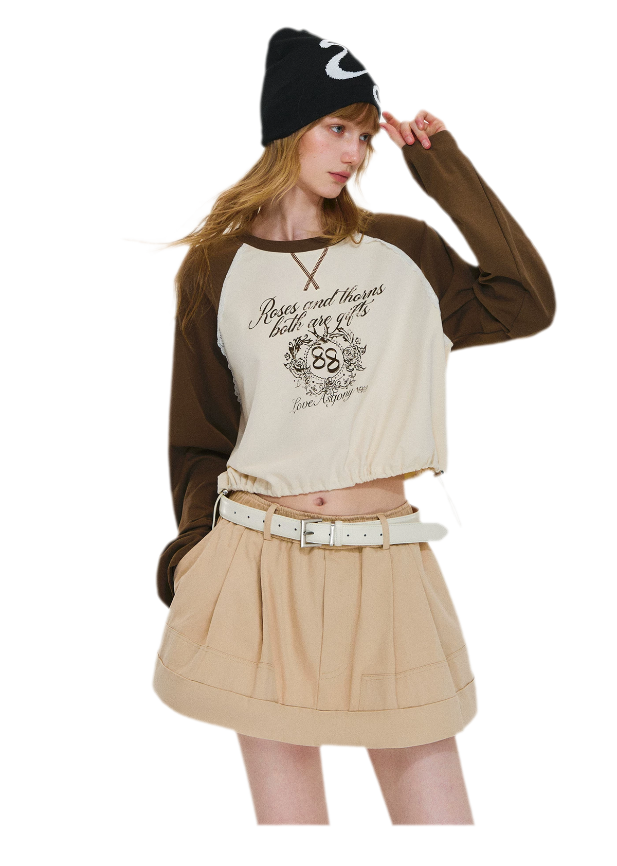 Cotton Raglan Cropped Long-Sleeve Top