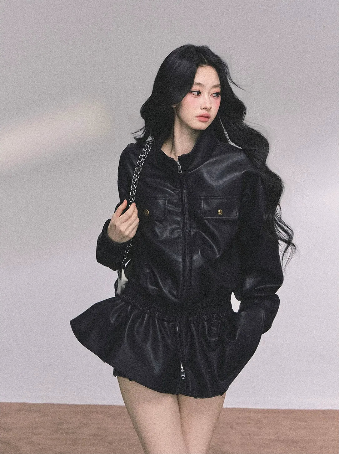 Faux Leather Stand Collar Jacket