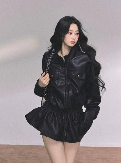 Faux Leather Stand Collar Jacket